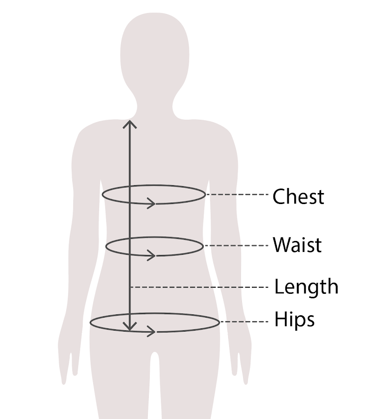 Where to measure: chest, waist, length and hips